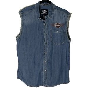 Harley-Davidson Women's Denim Look Sleeveless Shirt L Biker Button Front Logo